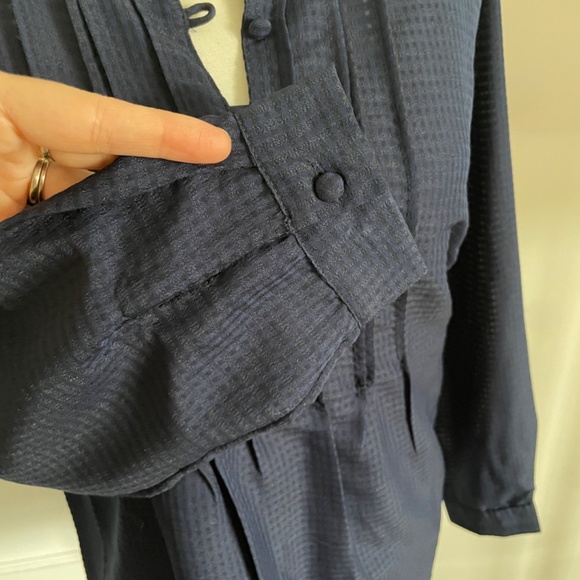 Navy blue mini check covered button blouse mandarin collar - Picture 8 of 12